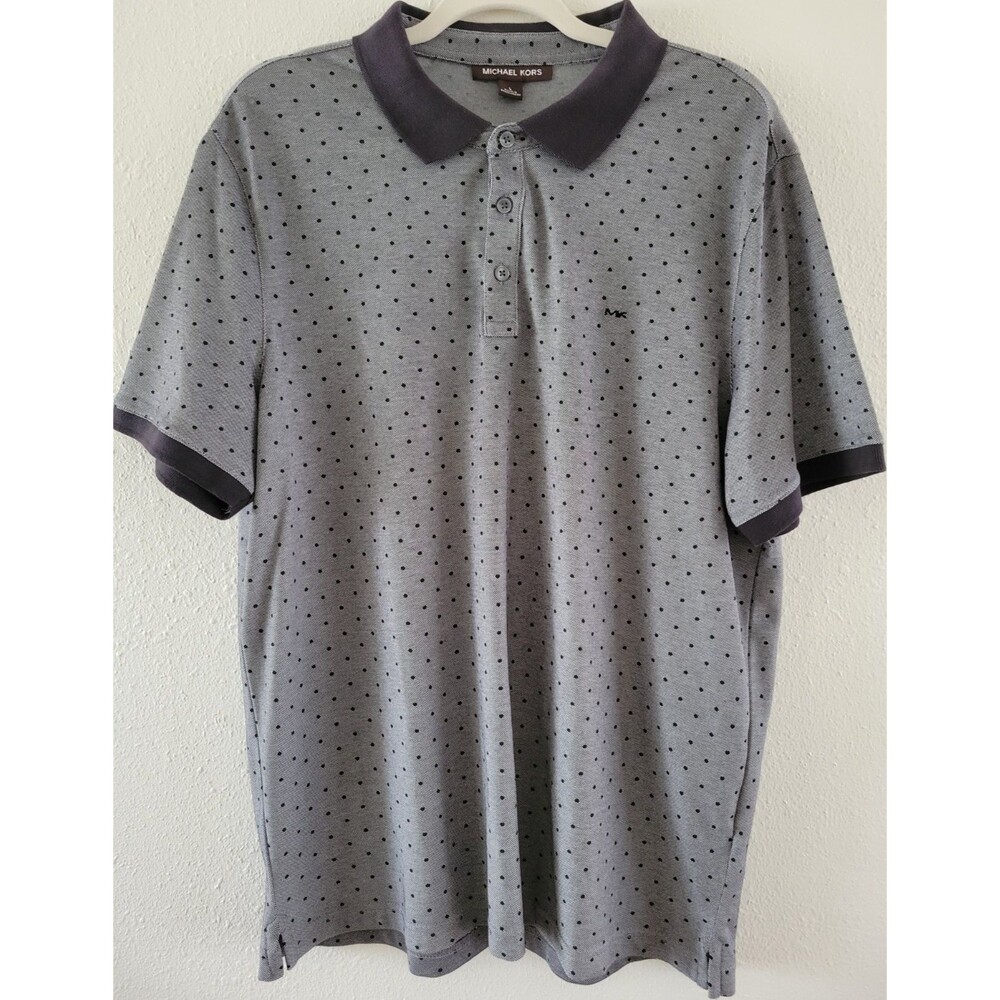 Michael Kors Mens Polo Shirt L Gray Polka Dot Short Sleeve Button Designer NWT